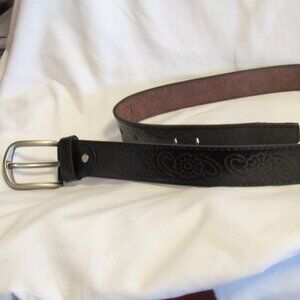 Woman's Black Leather Floral Stamped Belt, Size 115/38825    K579